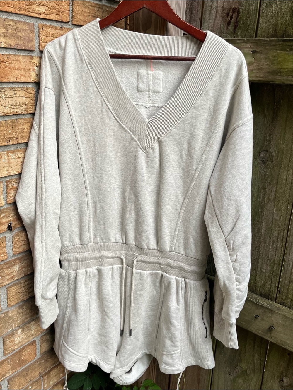 FP Movement by Free People Light Gray V-Neck Drawstring Sweatshirt Romper